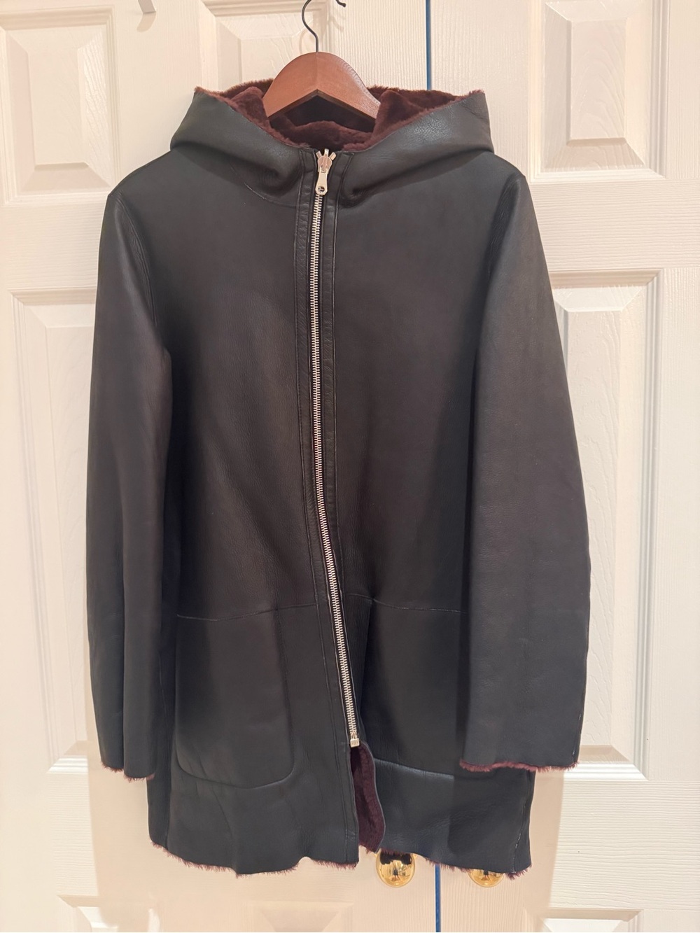 Sandro Black Leather Hooded Jacket with Burgundy Shearling Trim